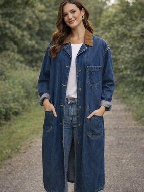 Vintage Lee Dark Blue Denim Longline Coat with Tan Collar